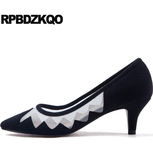 High Quality 11 43 Pointed Toe 12 44 Genuine Leather 3 Inch Heels Suede Black Mesh Stiletto Pumps Casual Shoes Women Plus Size