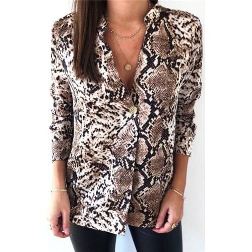 Women Long Sleeve V Neck Blouse Vintage Elegant Snake Leopard Printed Loose Tops New Fashion Ladies Street Wear Button Blouse