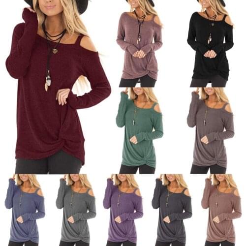 Women Tshirt Sexy Long Sleeves One Shoulder Twist Knot Front T Shirt Plus Size Silm Fit Tee Tops 10 Colors Plus Size