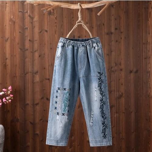 Womensummer Jeans High Waist Trousers 2021 Fashion Harajuku Literature And Art Retro Elastic Waist Straight Trousers Embroiden
