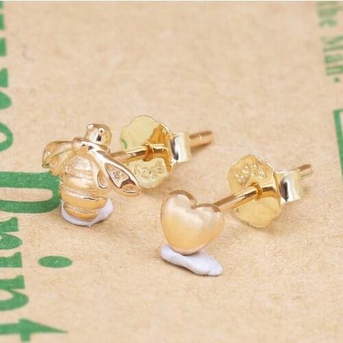 925 Sterling Silver Pan Earring Golden Bee And Heart Studs Earrings For Women Wedding Party Gift Fashion Jewelry
