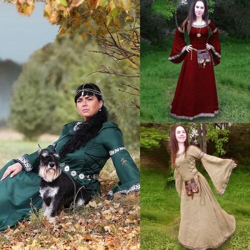 Middle Ages Retro Palace Renaissance Dress Halloween Cosplay Costumes for Women Medieval Stage Performance Long Sleeve Ball Gown