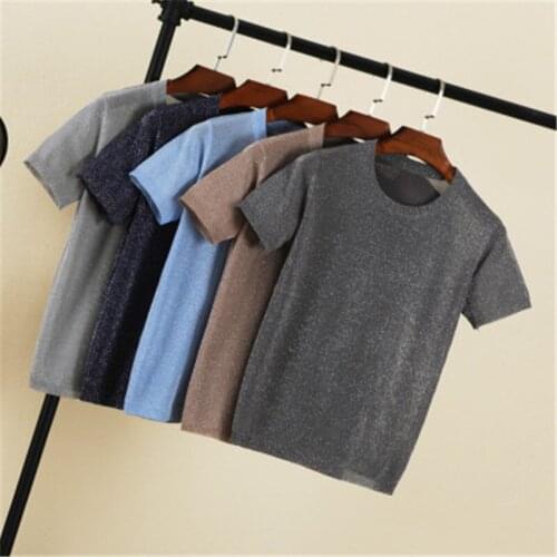 2019 knitted pullover womens casual round neck solid loose thin sweater Female bright silk brief short sleeve women tops PZ1502