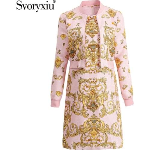 Svoryxiu luxury Diamond Golden Print Jacquard Skirt Suit Womens Autumn Winter Designer Fashion Dress Two Piece Set 2020