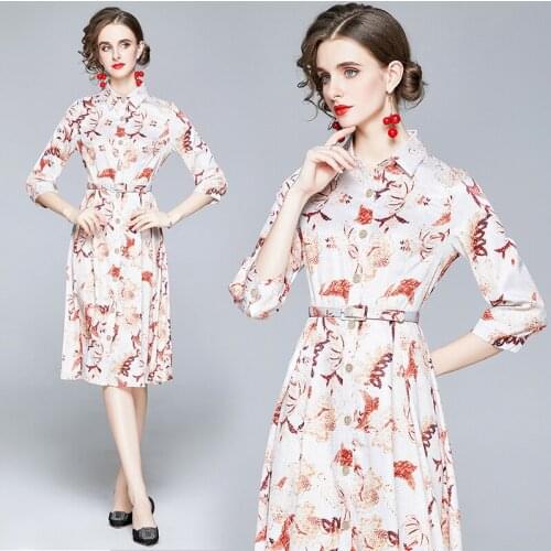 2020 Long Sleeve New Spring Autumn Fashion Single Breasted Shirt Dress Straight Floral Print Sashes Tunic Slim Knee-Length Dress