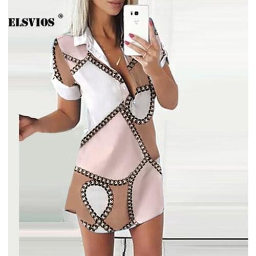 New Summer 2021 Casual Turn-down Collar Shirt Dress Stripe Chain Star Print Short Sleeve Mini Dress Female Elegant Party Dresses