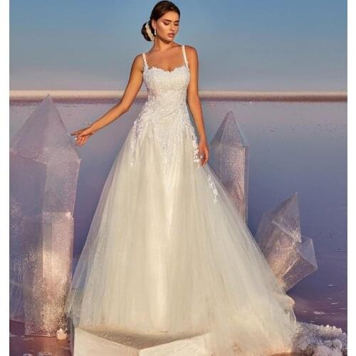 2020 lace wedding dress beach spaghetti strap a-line sleeve floor length white gorgeous bridal gowns sweep train princesse