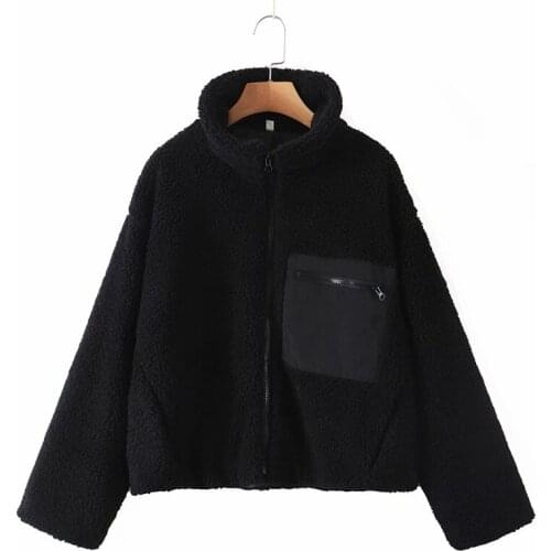 ZXQJ Women 2021 Fashion Faux Fur Teddy Loose Coat Retro Long Sleeve Pocket Stand Collar Cardigan Outerwear Chic Tops