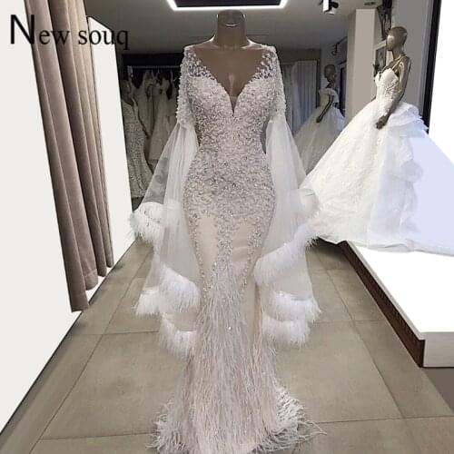 White Evening Dresses Feather Long Sleeves Mermaid Wedding Party Gowns 2019 Couture V Neck Tulle Beaded Crystals Prom Dresses