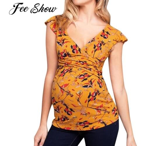 Maternity Breastfeeding Tops Pregnancy Flying Sleeve Floral V Neck Nursing Shirts Plus Size Blouses Pregnant Women Casual Tees