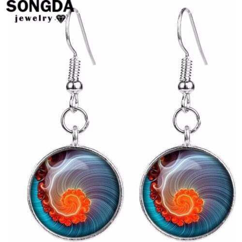 SONGDA 2018 New Bohemian Jewelry Mandala Flower Glass Cabochon Earrings OM Religion Buddhism Zen Symbol Long Drop Earrings Women