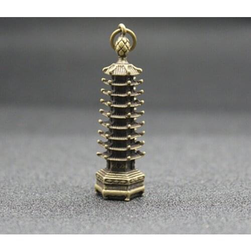 Decorative Chinese Exquisite Old Brass Handmade Carved Tower Shaped Pendant Statue