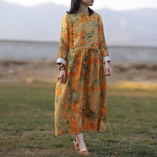 FairyNatural Ladies Linen Retro Print Floral Robes 2021 Spring New Stand Long Sleeve Original Women Loose Button Dresses