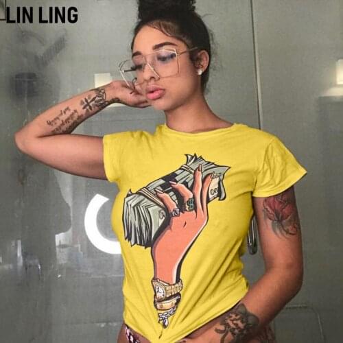 LINLING Lounge Wear Trend US Dollar Print Summer Round Neck Short Sleeve T-shirt Temperament Versatile Top