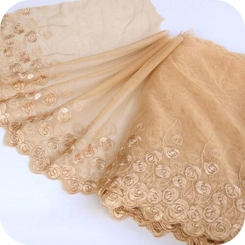 Width 25cm Khaki Rose Embroidered Lace Tape Cheap Embroidery Mesh Lace for Sewing Cloth DIY Dress Curtain Accessory