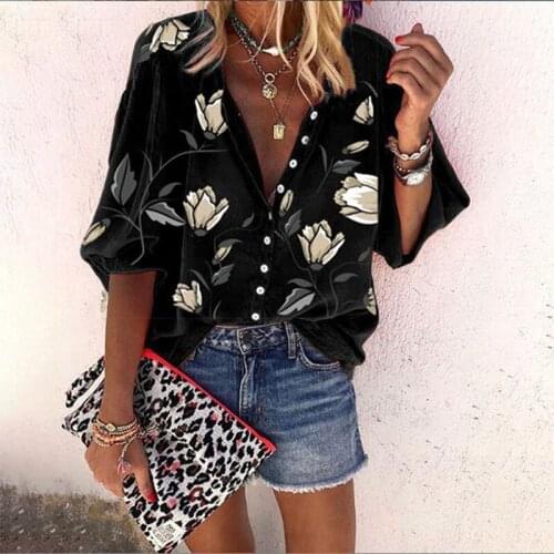 Summer Flower Print Shirt Women Nine Quarter Stand Collar Loose Plus Size Tops And Blouses Casual Open Stitch Office Lady Shirts