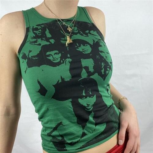 Summer Women Sexy Short Camisole Girls Leisure Style Portrait Printing Round Collar Sleeveless Slim Base Shirt Crop Tops 2021