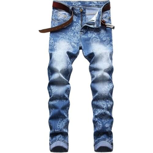 Mens Slim Jeans Fashion Printed Light Blue Trousers Mid-Waist High Street Casual Denim Pants Cotton Stretch Tights Streetwear