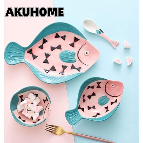 Fish Series Tableware Set Hand-painted Creative Steamed Fish Plate Ceramic Childrens Rice Bowl Spoon Household Dishes Gift