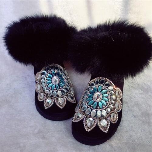 Natural Fox Fur Warm Winter Boots Womens Crystal Ankle Snow Boots 2019 Fashion Bling Rhinestones Booties Plush Winter Shoes