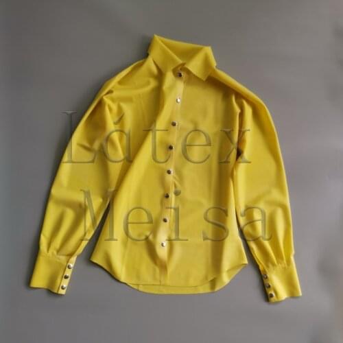 Office lady style latex top women long sleeve latex blouses with front buttons decorations