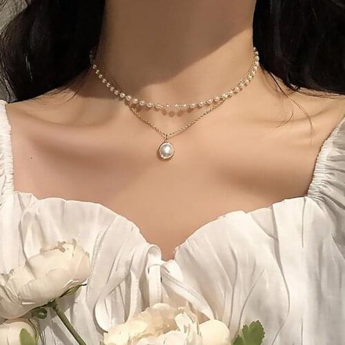 2021 New Fashion Baroque Pearl Choker Necklace For Women Cute Double Layer Metal Chain Pendant For Women Jewelry Girl Gift