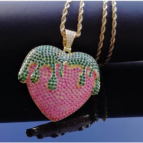 New Fashion Charm Cubic Zirconia Bling Big Strawberry Pendants Necklace Men and Women Shiny Hip Hop Rock Jewelry Party Gifts