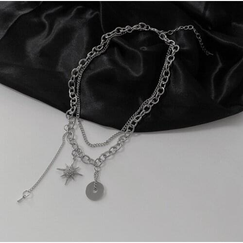 Origin Summer INS Fashion Shiny Rhinestone Star Chokers Necklaces for Women Double Layers Coin Pendant Necklace Hip Hop Jewelry