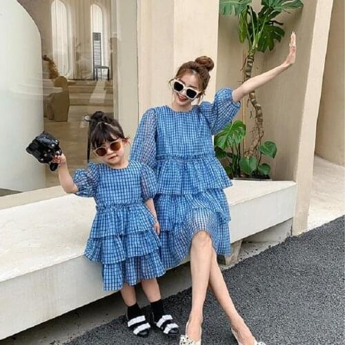 Mother Daughter Cake Tutu Princess Dress Mommy and Me Clothes Family Matching Outfits Blue