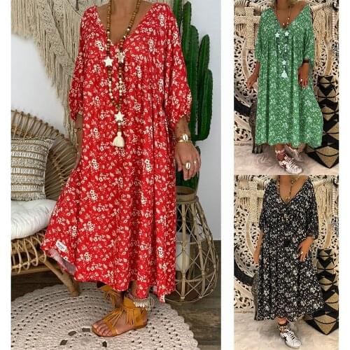 Dress Women Summer Dress Bohemian Floral Print Casual Dress Loose Deep V Neck 3/4 Sleeve Midi Dress Party Beach Dress Lady Gifts