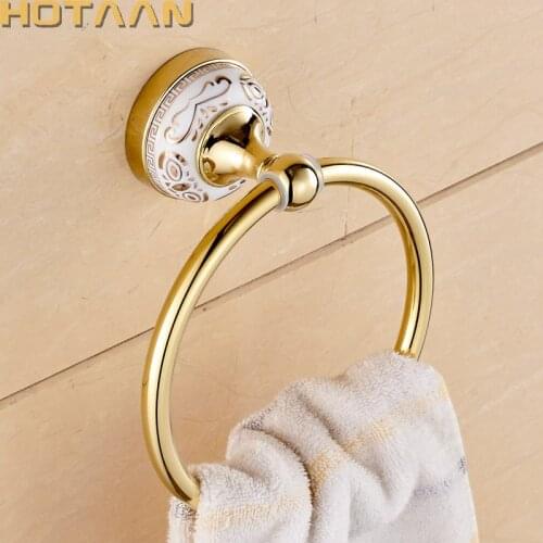 Blue & White Porcelain Solid Brass Gold Finished Round Towel Ring,ceramic base Bathroom Accessories Towel Holder/rack YT-11891G