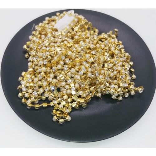 Rhinestone Tape 4MM Strass Chains Gold Crystal Cup Chains Shoe Sew On Resin Pearl Stone Tape Diamond Crafts Wedding Accessories