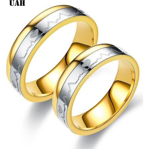 UAH Engrave Name Couple Rings Stainless Steel Comfort Fit Ring Laser Engraved Heartbeat Medical Symbol Wedding Band