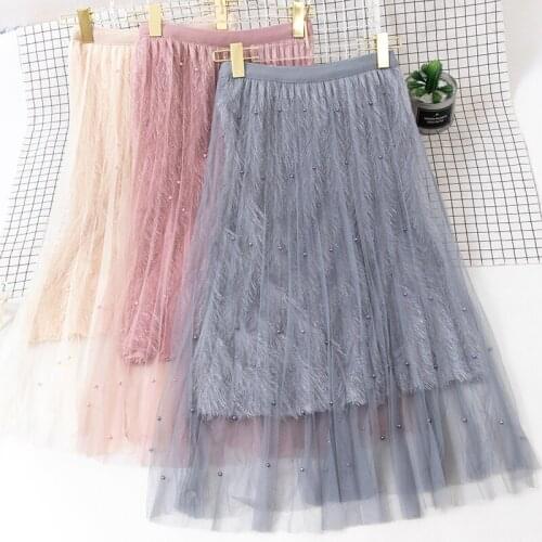 Fringed Skirt Female Autumn And Winter New Womens Skirt Pleated Skirt Beaded Mesh Long Skirt Women Wild Pettiskirt