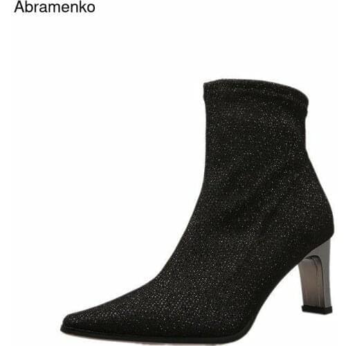Women Ankle Boots Mosaic lace Suede High Heels Boots Ladies Fashion Pointed toe Black Leather Shoes For Woman Plus Size 35-43