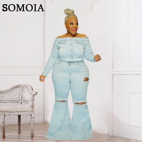 Streetwear Plus Size Women Clothing Holed Flared Pants High Waist Jeans Cowboy Tights Bottoms Denim Trousers Wholesale Items