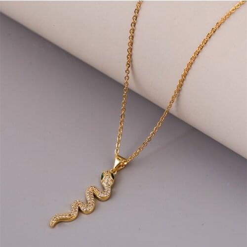 Womens Cute Animal Snake Pendants Necklaces Gold Color Stainless Steel Chain Cubic Zirconia CZ Necklace Jewelry For Women Gift