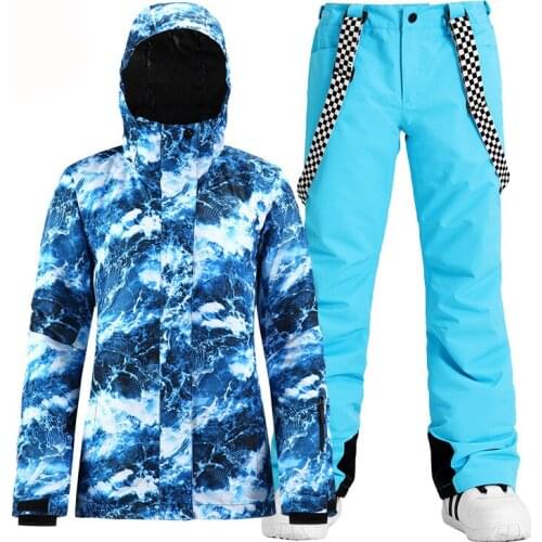 Sea Blue Womens Snow Suit Wear Outdoor Sports Costumes Waterproof Windproof Snowboard Ski Clothing Sets Jacket + Belt Pant Girl