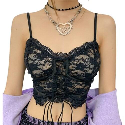 2021 Fashion Trend Womens Summer Vest Lace Up Chest Mesh See Through Tops Sling Camisole Sexy Slim Skinny Casual Tanks
