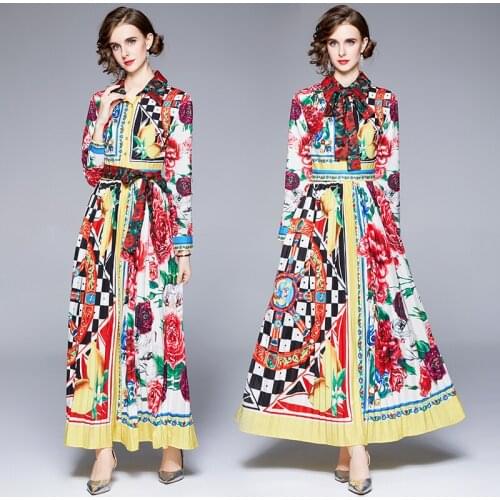 Spring and Autumn New Womens Clothing Fashion Geometry Pattern Printed Slim-Fit Single-Breasted Bow Lapel Long-Sleeved Dress