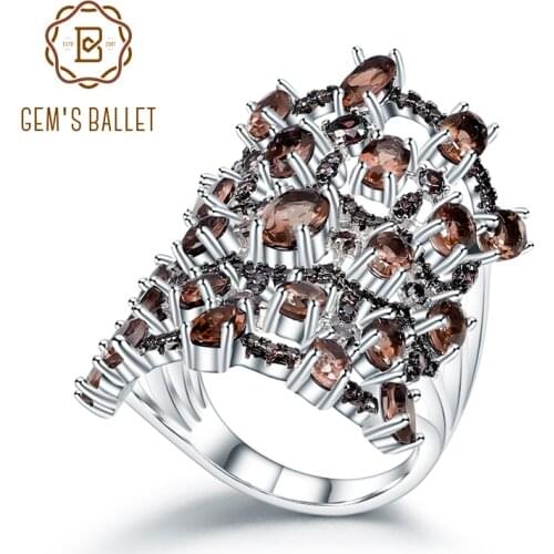 GEMS BALLET Luxury 925 Sterling Silver Vintage Finger Ring 7.17Ct Natural Smoky Quartz Gemstone Rings For Women Fine Jewelry