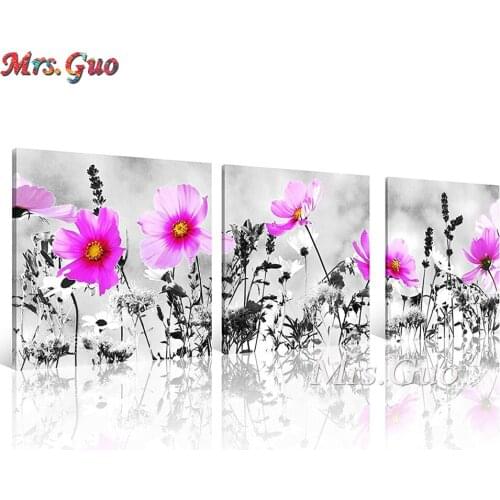 3 pieces of diamond painting black and white pink flowers abstract daisy painting diamond mosaic triptych decoration painting