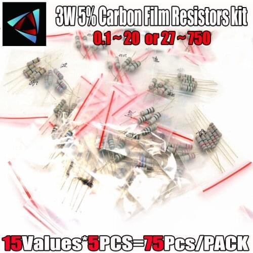 75Pcs 3W Carbon Film Resistors 0.1 Ohm ~ 20 ohm or 27 ohm ~ 750 ohm 5% Assorted Kit Resistance 15 Values*5pcs Metal Oxide Film