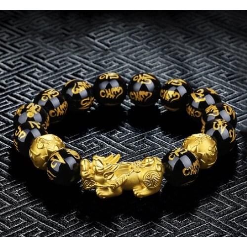 Feng Shui Obsidian Stone Beads Bracelet Men Women Unisex Wristband Gold Black Pixiu Wealth and Good Luck Bracelet Jewelry