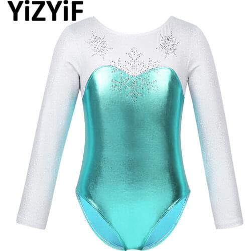 Kids Girls Long Sleeves Shiny Metallic Rhinestone Snowflake Ballet Dance Gymnastics Leotard One-Piece Swimsuit Child Dance Wear