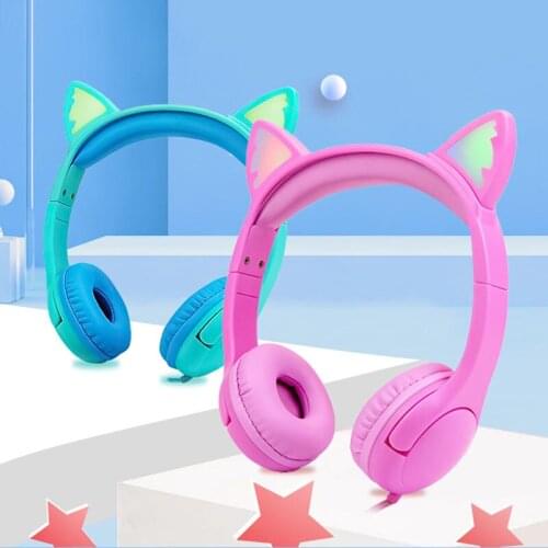 Childrens Headphone Portable Color Glowing Cute Cat Ear Headset Stretchable and Adjustable Earphone SAL99