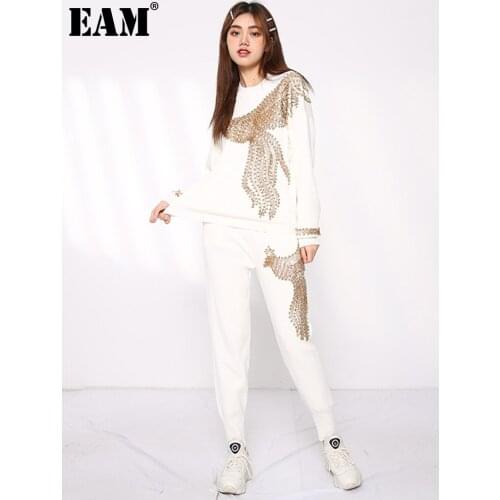 [EAM] Wide Leg Pants Knitting Two Piece Suit New Round Neck Long Sleeve Loose Fit Women Fashion Tide Autumn Winter 2021 3AC224