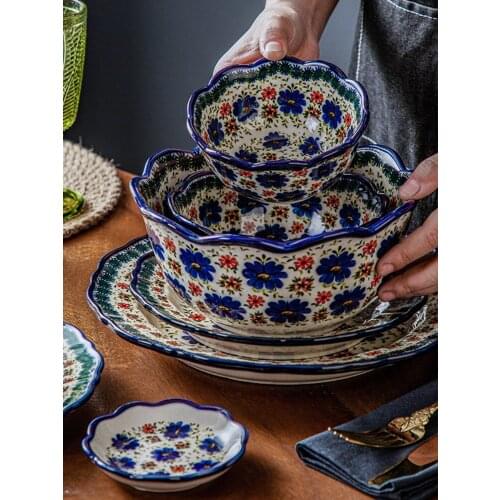 Poland Retro Ceramic Dinner Set With 2L Soup Pot Binaural Noodle Bowl Handpainted Butterfly Blue 11inch Deep Fish Plate