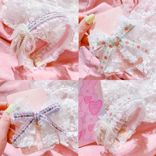 Girl Mesh Ruffles Lace Headband Pearl Bowknot Hair Hoop Embroidery Flower Hair Clips Gorgeous Sweet Hair Accessories