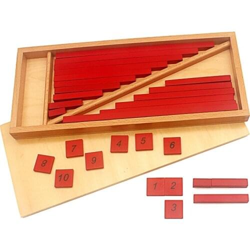 Montessori Materials Toys Small Number Rods with Tiles 1-25CM 20Pcs Red Rods Wooden Box Mathematics Toys for Preschool Students